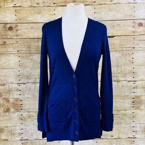 Only Mine Womens XS Blue Merino Wool Blend V-Neck Button‎ Front Cardigan Sweater